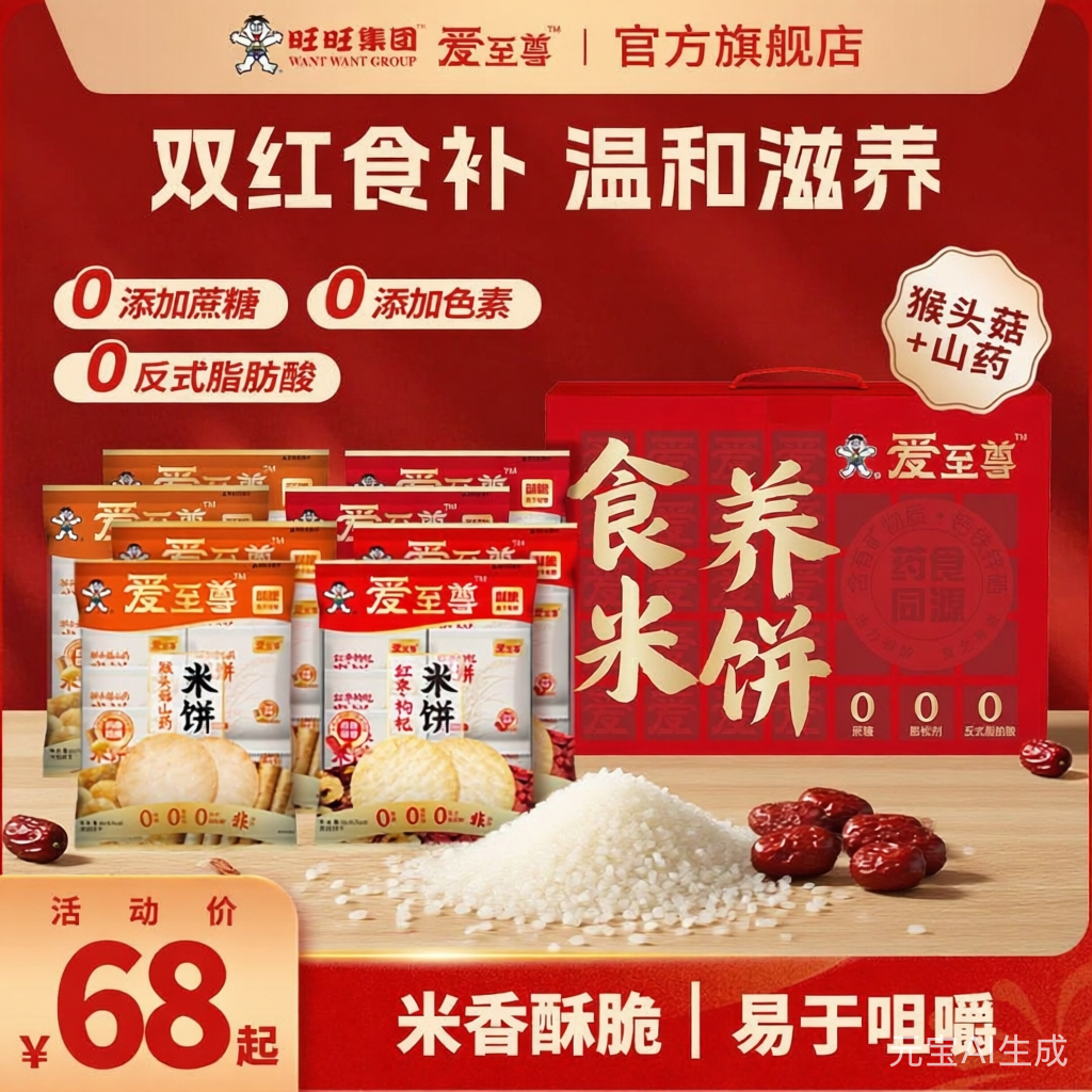 旺旺大米饼礼盒爱至尊红枣枸杞山药猴菇健康非油炸0添加零食