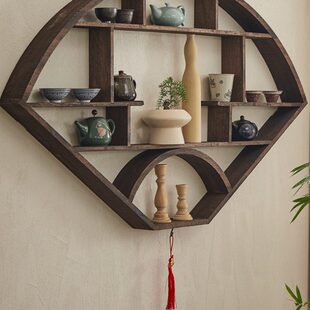 实木新中式博古架壁挂多宝阁挂墙上茶壶架子建盏展示架古董置物架