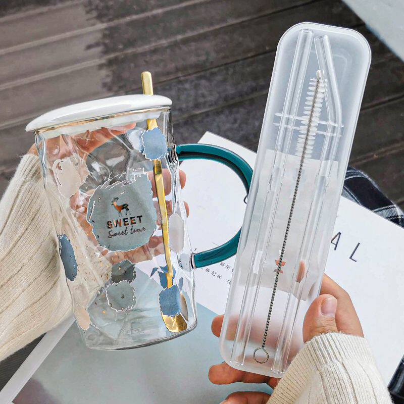 超大容量玻璃水杯女生夏天家用办公室杯子带盖勺玻璃杯透明带吸管