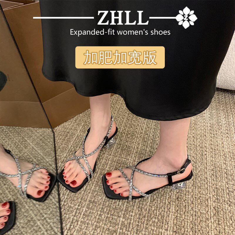 宽胖脚大码41一43水钻高跟鞋一字带罗马粗跟凉鞋Q女2024新款夏外