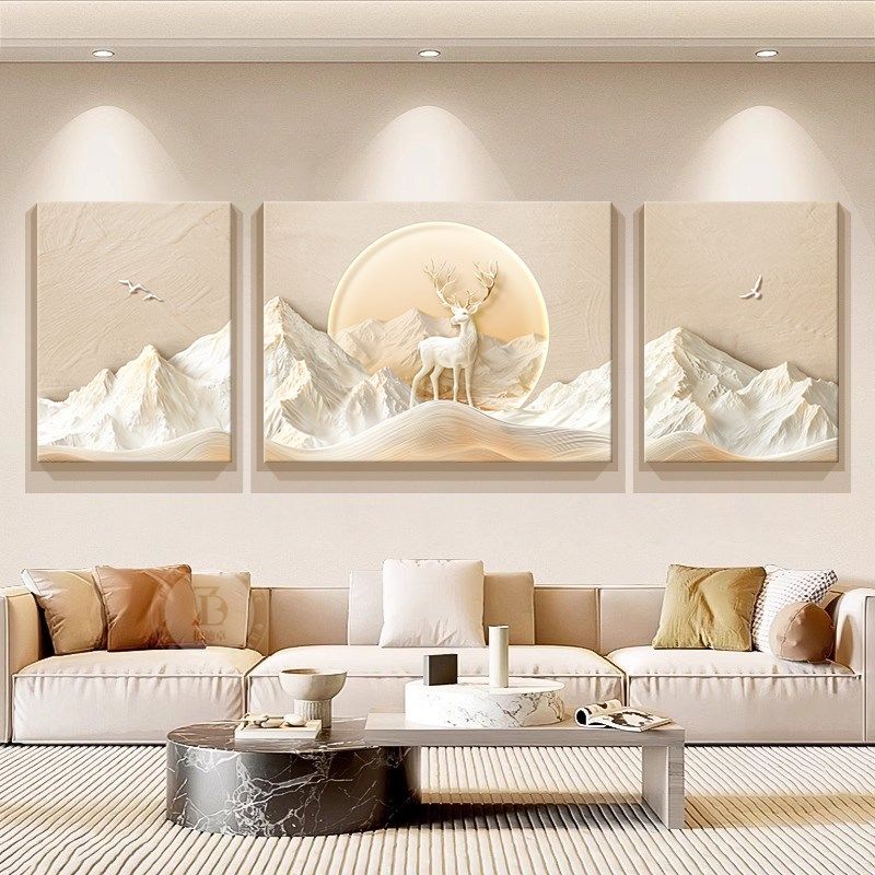日照金山奶油风客厅大白墙装饰画麋鹿浮雕立体感沙发背景墙壁挂画,家居饰品,现代装饰画,淘宝优惠券,粉丝福利购,淘宝优惠卷