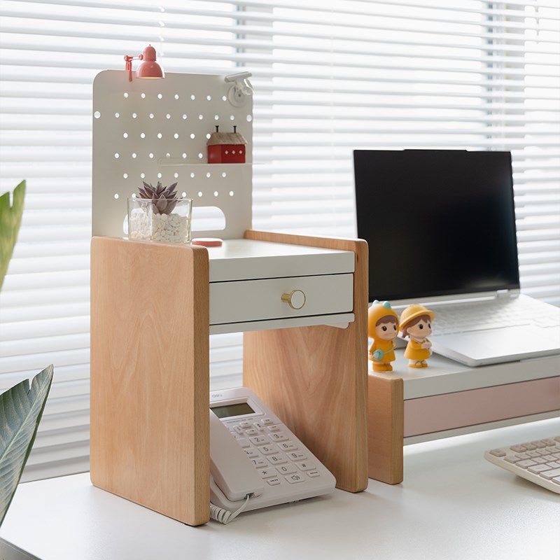 MOZI办公桌电话机架桌面实木置物架A4文件N收纳架抽屉式工位整理