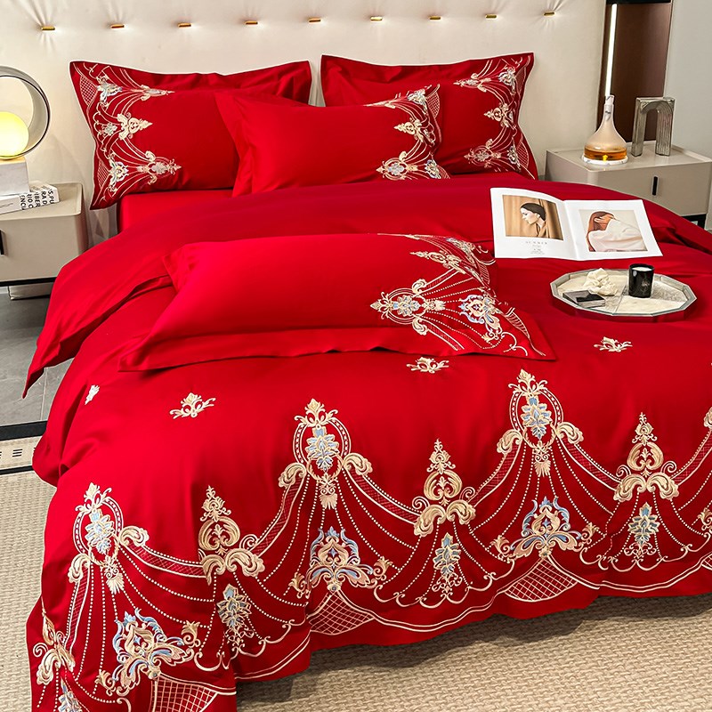 欧式全棉结婚四件套大红色床单被套婚庆床上用品婚房喜被