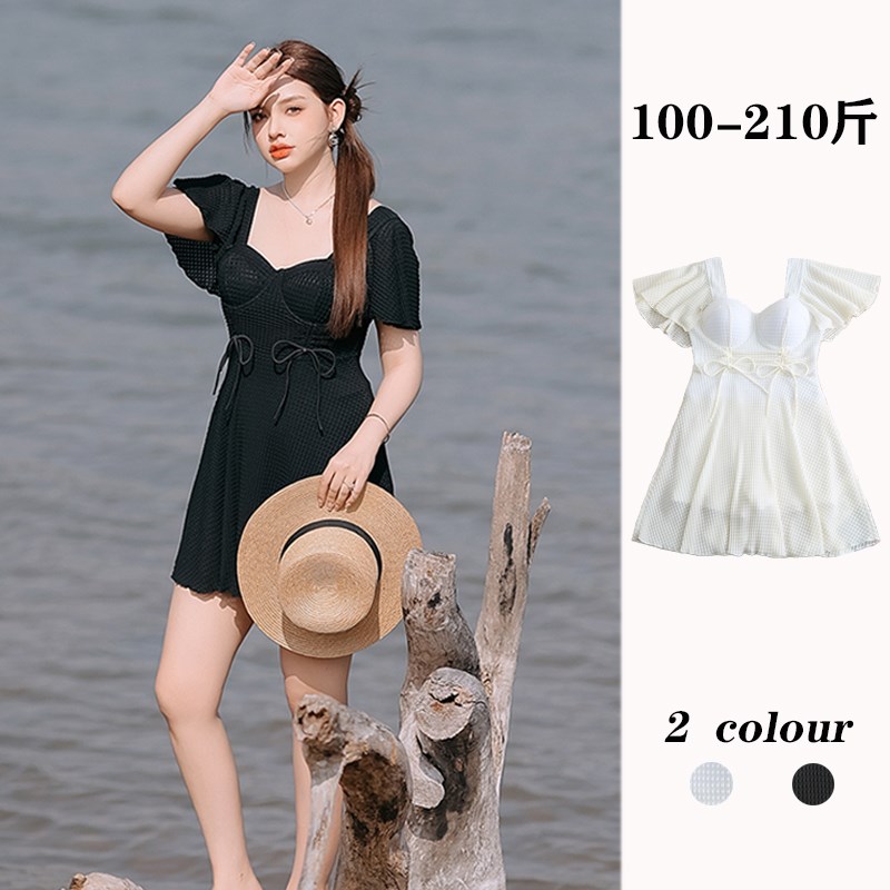 新款纯色微胖大码泳衣女连体裙式大胸聚拢钢托绑带简约大方气质