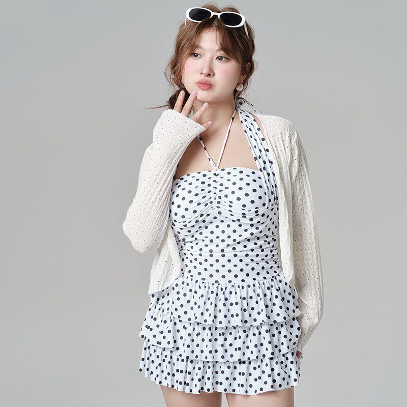 般沐大码泳衣女连体平角裤保守遮肉微胖胖m200斤波点蛋糕裙泳装