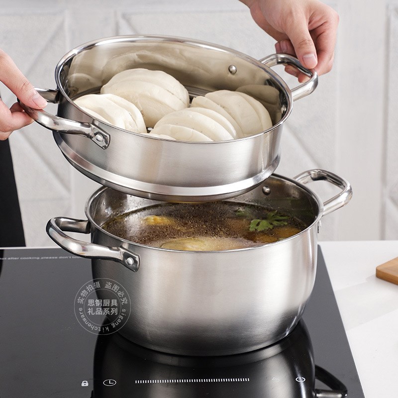 不锈钢蒸锅双层汤锅家用26CM加厚约重3.5斤厨房锅具年会实用礼品