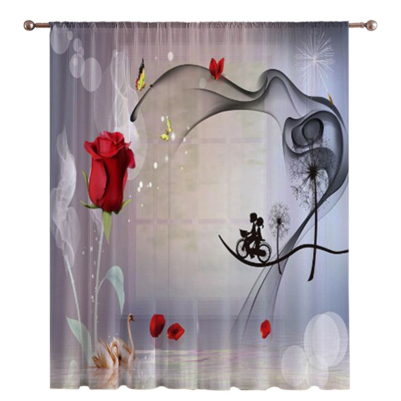 1pc玫瑰天鹅图案数码印花穿杆式透光不透人轻奢风客厅卧室纱帘