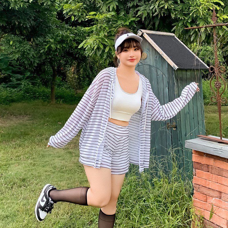 大码泳衣女分体式宽松长袖罩衫运动健身服三件套装显瘦遮肉泡温泉