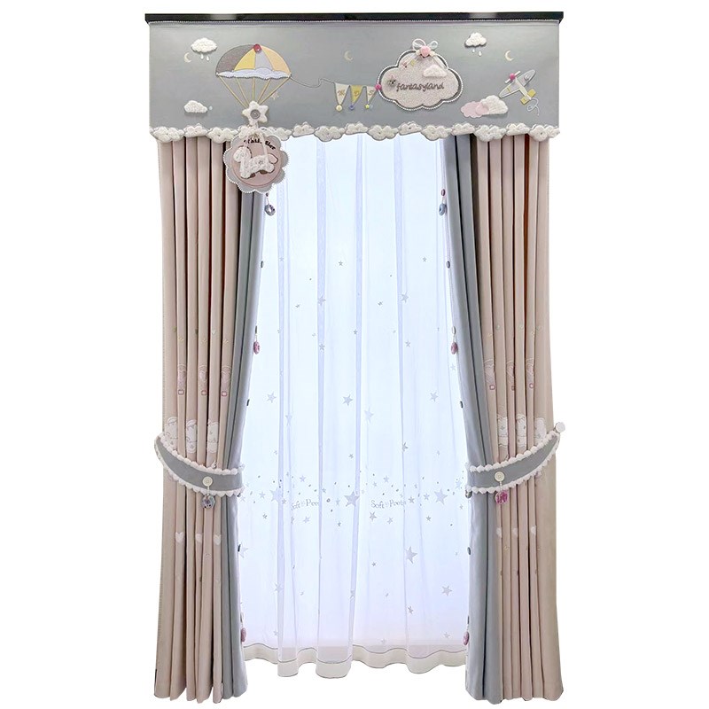 2024年新款粉色儿童房女孩卧室飘窗遮光加厚刺绣卡通窗帘木马乐园