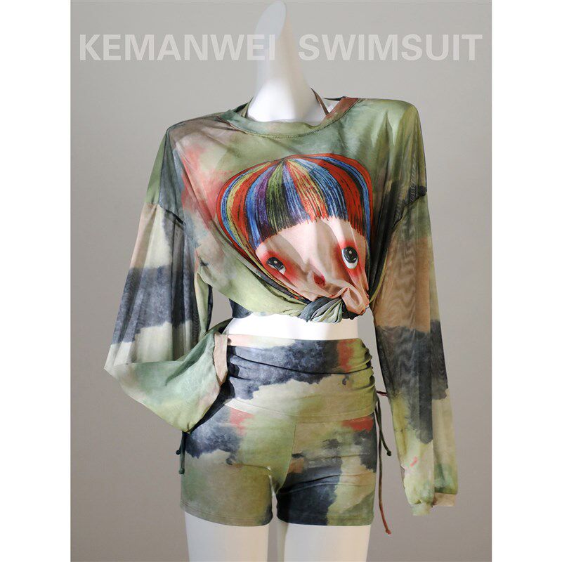 【卡通女孩】森系小众宽松罩衫显瘦遮肉三件套装分体泳衣女泡温泉