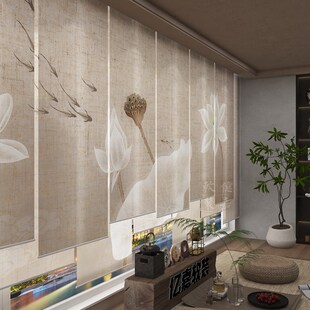 新中式拉卷式亚麻帘客厅餐厅茶室电动升降卷帘窗帘屏风遮阳隔断帘