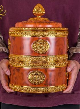 藏式八吉祥糌粑盒双层酥油盒吉祥糖果盒水果盒内带不锈钢内胆