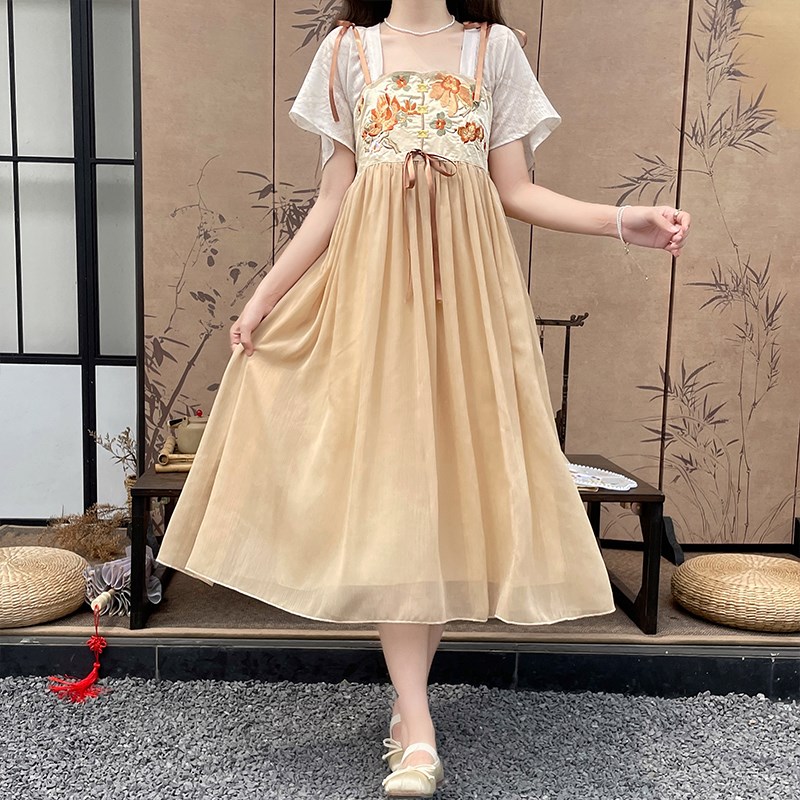 国风重工刺绣雪纺连衣裙少女夏季初高G中学生中长款改良汉服仙女