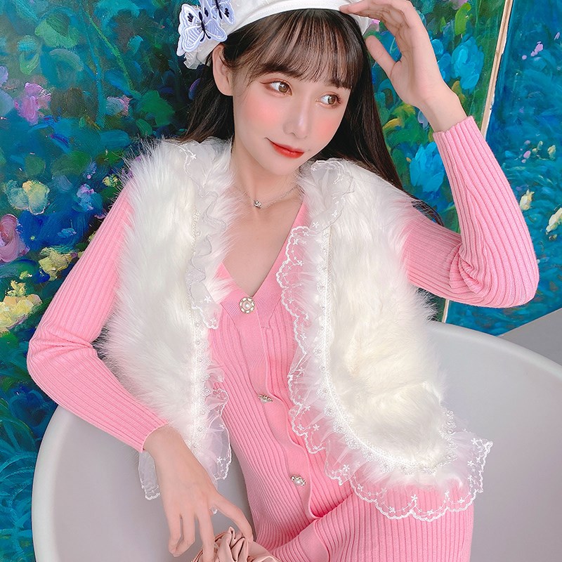 针织连衣裙套装女v领鱼尾过膝长C裙搭配蕾丝花边仿皮草马甲两件套