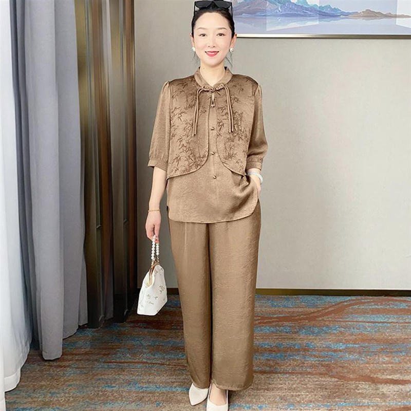 气质妈妈夏装国风新中式套装中年女洋气上衣百搭S裤子两件套显瘦