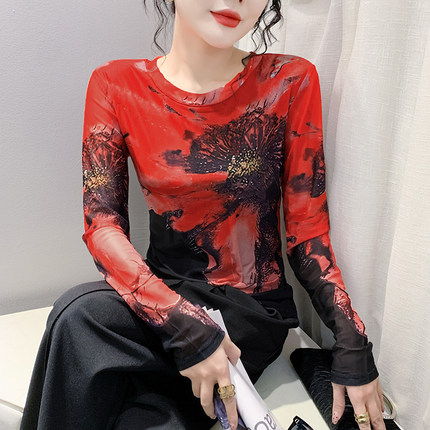 2025秋装新款欧货时p尚印花网纱T恤女长袖洋气上衣修身显瘦打底衫