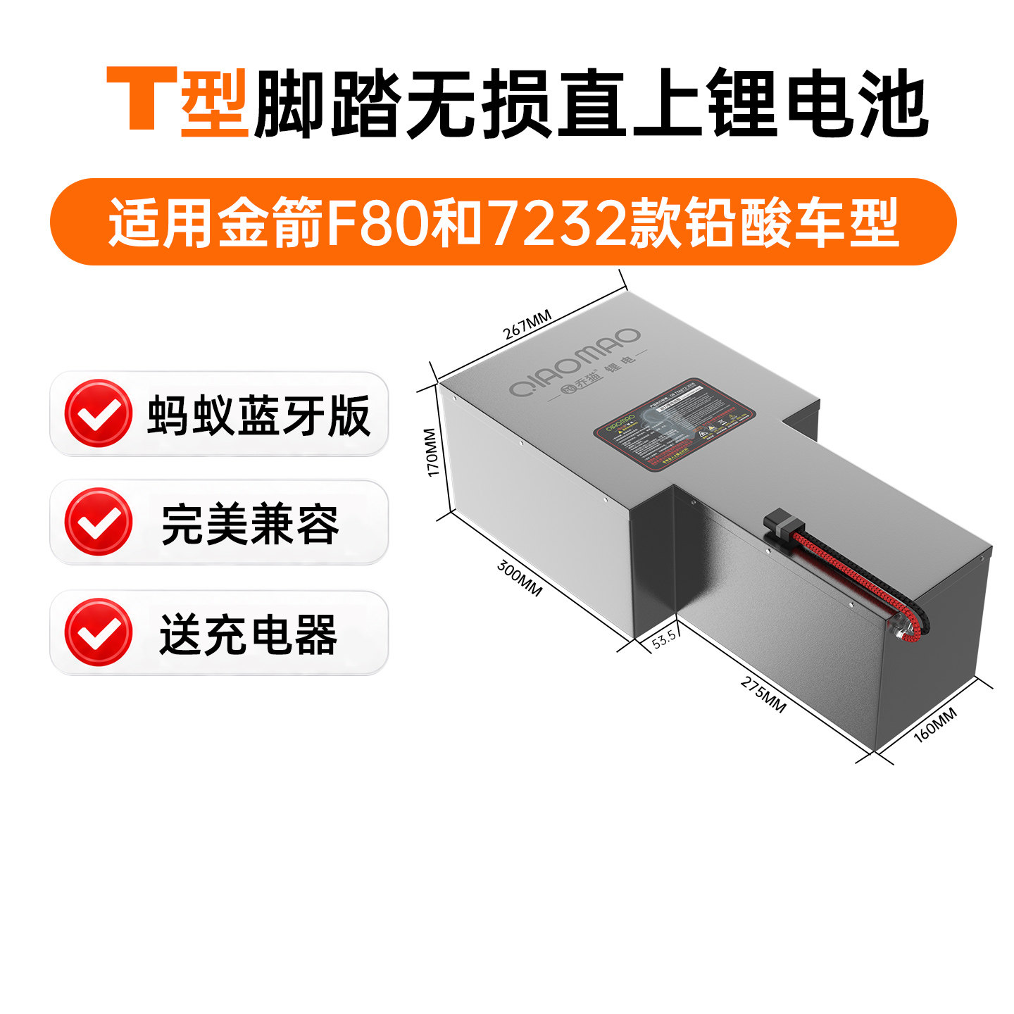 T型脚踏72V锂电池适用金箭F807232款铅酸电动车车型蚂蚁蓝牙版