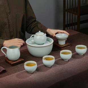 不开片汝窑壶承干泡台圆形陶瓷景德镇汝瓷复古风手工青瓷茶具配件