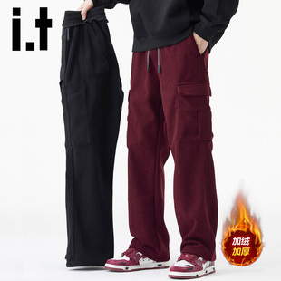 izzue加绒灯芯绒裤 宽松直筒休闲裤 子男秋冬季 复古阔腿裤 工装