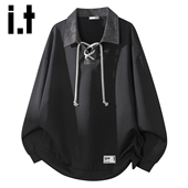 izzue美式 潮牌polo领卫衣男秋季 新款 高级感拼接休闲长袖 上衣Y