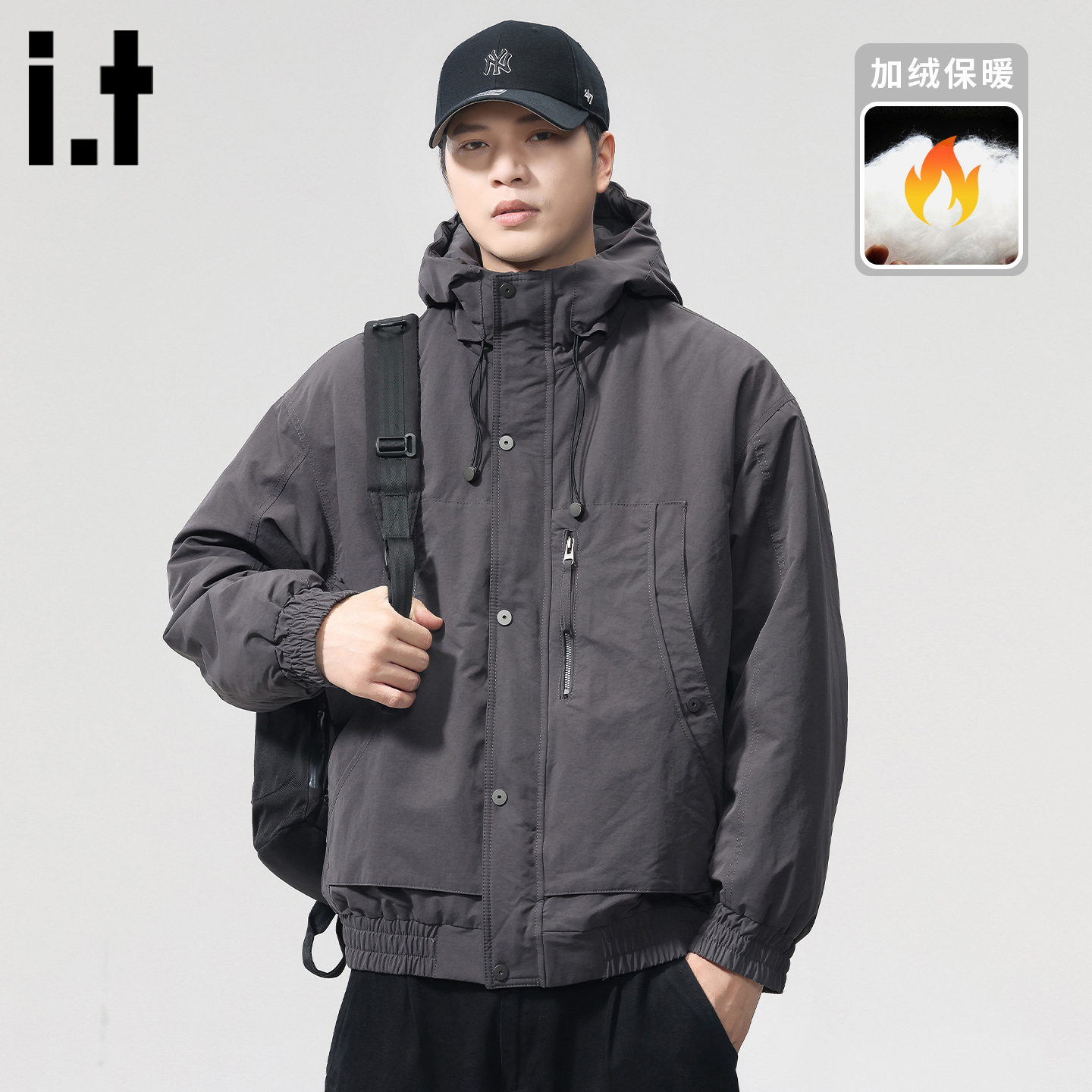 itizzue加厚保暖棉服连帽外套男