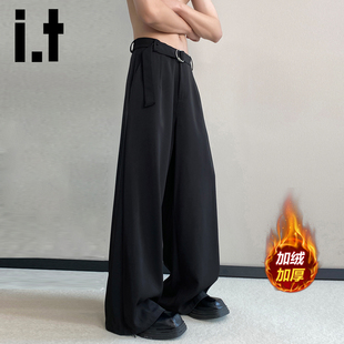it izzue老钱风黑色腰带直筒西裤男士秋冬加绒松弛休闲阔腿裤子Y