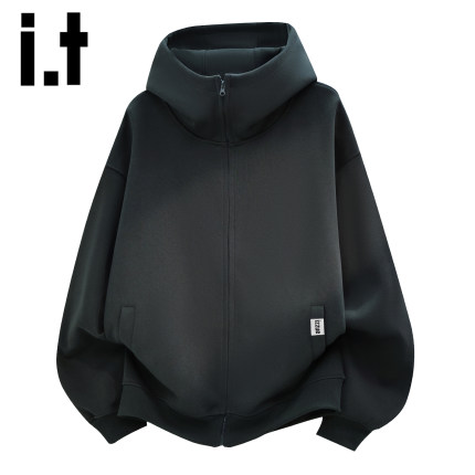 it izzue美式重磅纯色开衫连帽卫衣男士秋冬季宽松拉链帽衫外套Y