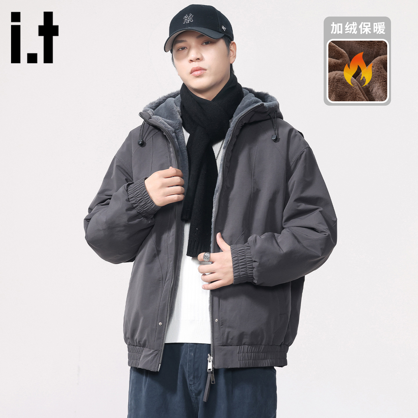 itizzue加绒保暖连帽棉服夹克男