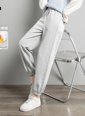 it izzue灰色潮牌直筒束脚裤女2025秋冬加绒保暖羊羔绒卫裤3P