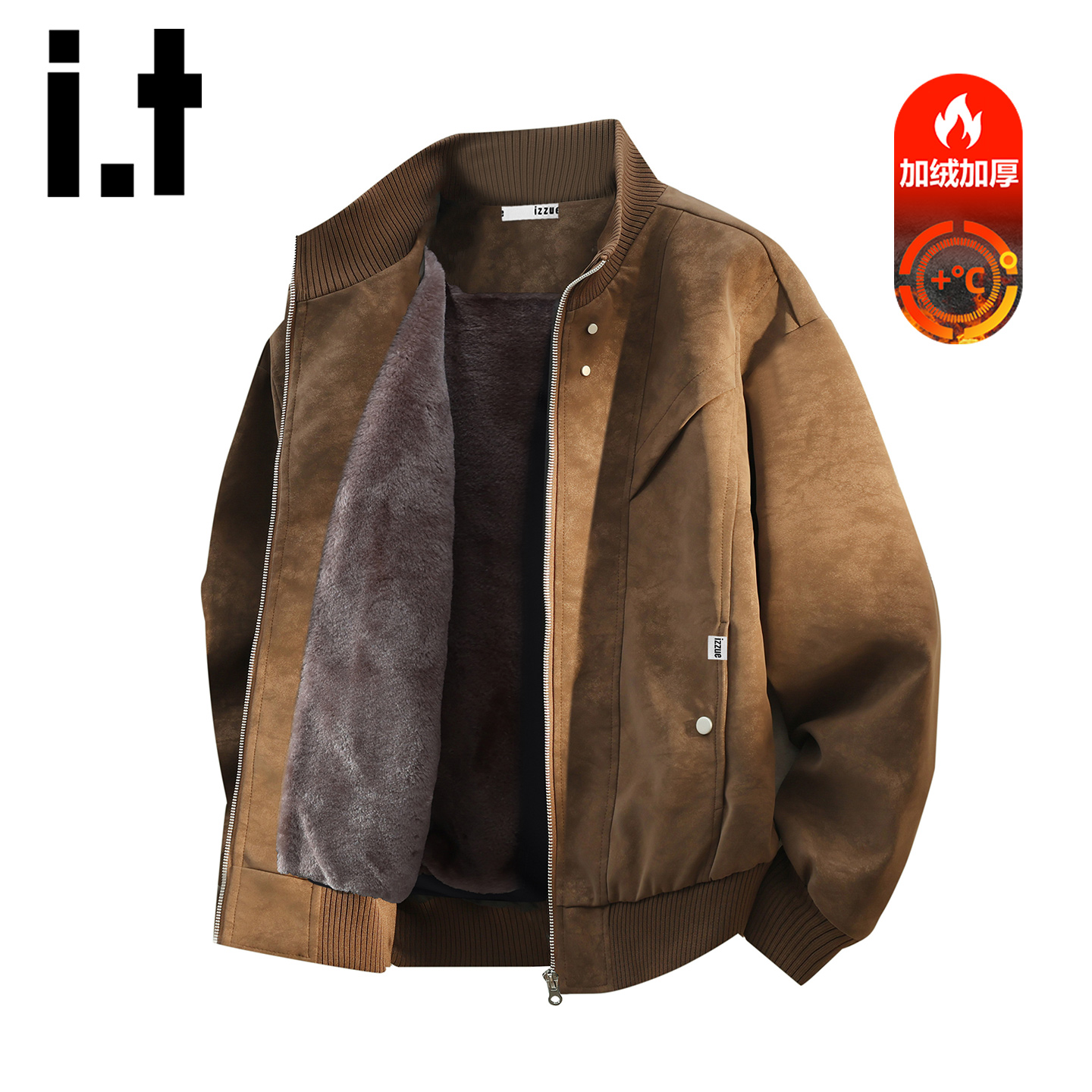 it izzue美式复古秋冬季加绒夹克男大码皮衣休闲立领加厚外套潮Y