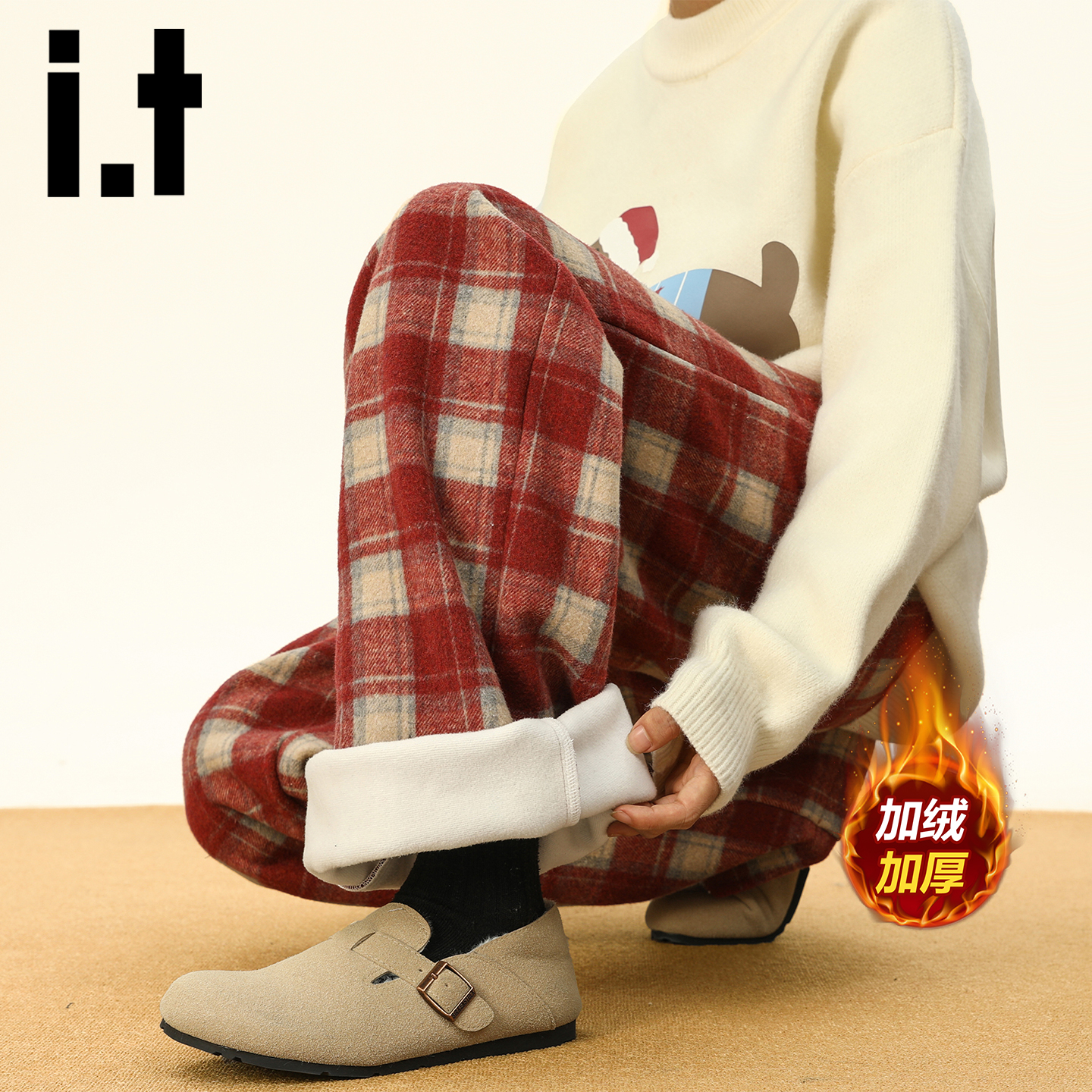 itizzue冬季复古格子加绒裤