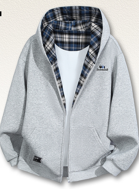 it izzue美式灰色连帽卫衣外套男秋季oversize加厚开衫百搭上衣4P