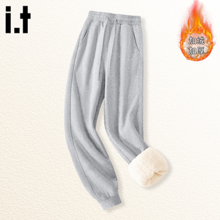 it izzue灰色裤子女加绒冬季厚款保暖棉裤2025新款羊羔绒运动裤4P
