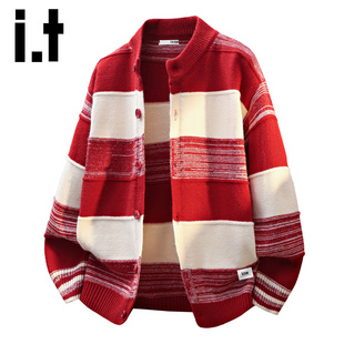 秋冬撞色慵懒风针织衫 男士 复古日系慵懒条纹毛衣开衫 男Y izzue