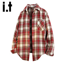 it izzue 潮牌美式复古格子衬衫长袖男慵懒街头衬衣百搭潮流外套Y