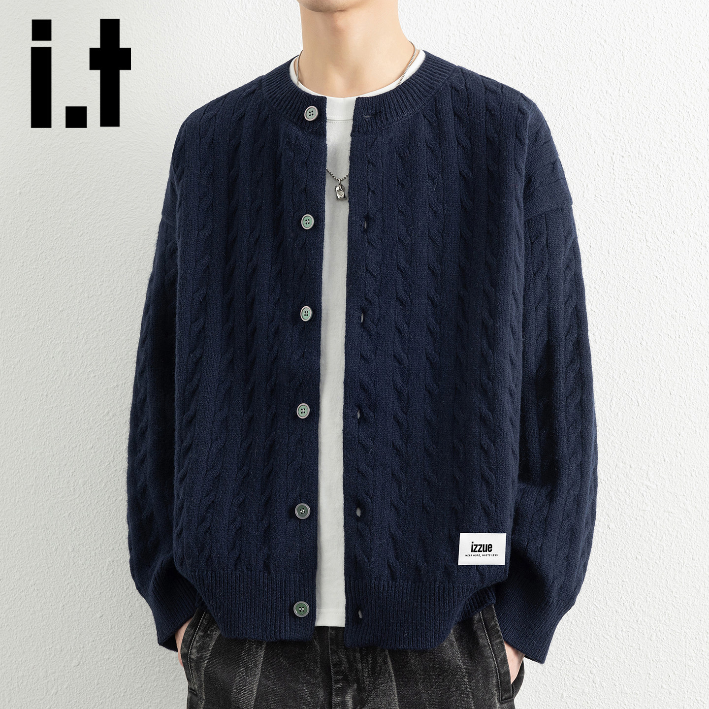 it izzue 潮牌麻花纹慵懒感开衫上衣男生秋冬青少年休闲毛衣外套Y