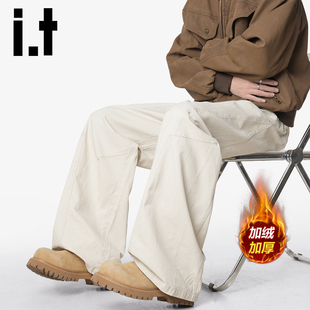 【纯棉耐穿】it izzue潮牌季冬加绒廓形弯刀裤男士休闲保暖裤子Y