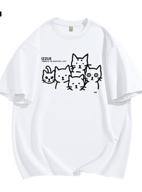 izzue白色短袖女t恤夏2025新款小猫咪半袖美式潮牌体恤男款上衣4P