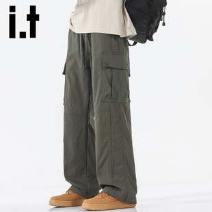 izzue 男复古宽松潮流百搭休闲长裤 潮牌美式 裤 大口袋直筒工装