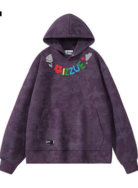 it izzue原创连帽套头紫色做旧蜡染卫衣男士2025春款潮牌帽衫3P