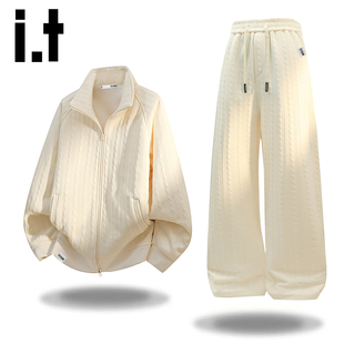 男秋冬季 假两件翻领卫衣套装 潮牌宽松百搭运动服男Y izzue美式