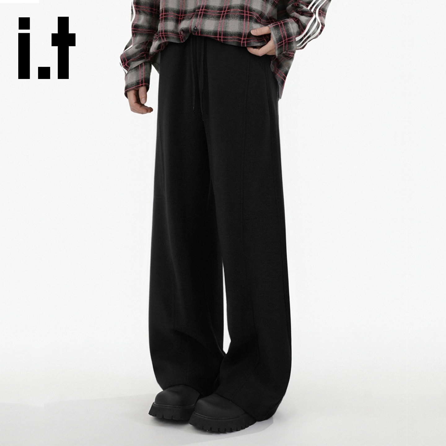 it izzue黑色弯刀裤子男女款春秋季新款阔腿裤直筒长裤情侣卫裤4P