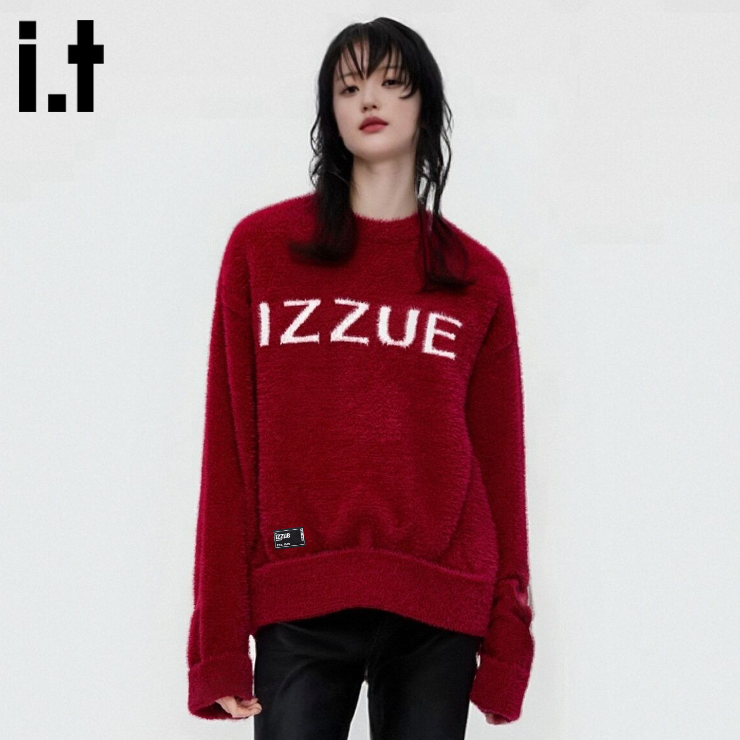 it izzue新款美式潮牌圆领毛衣2025秋季红色套头针织衫男女同款A