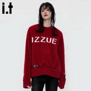 izzue新款 男女同款 美式 红色套头针织衫 潮牌圆领毛衣2025秋季
