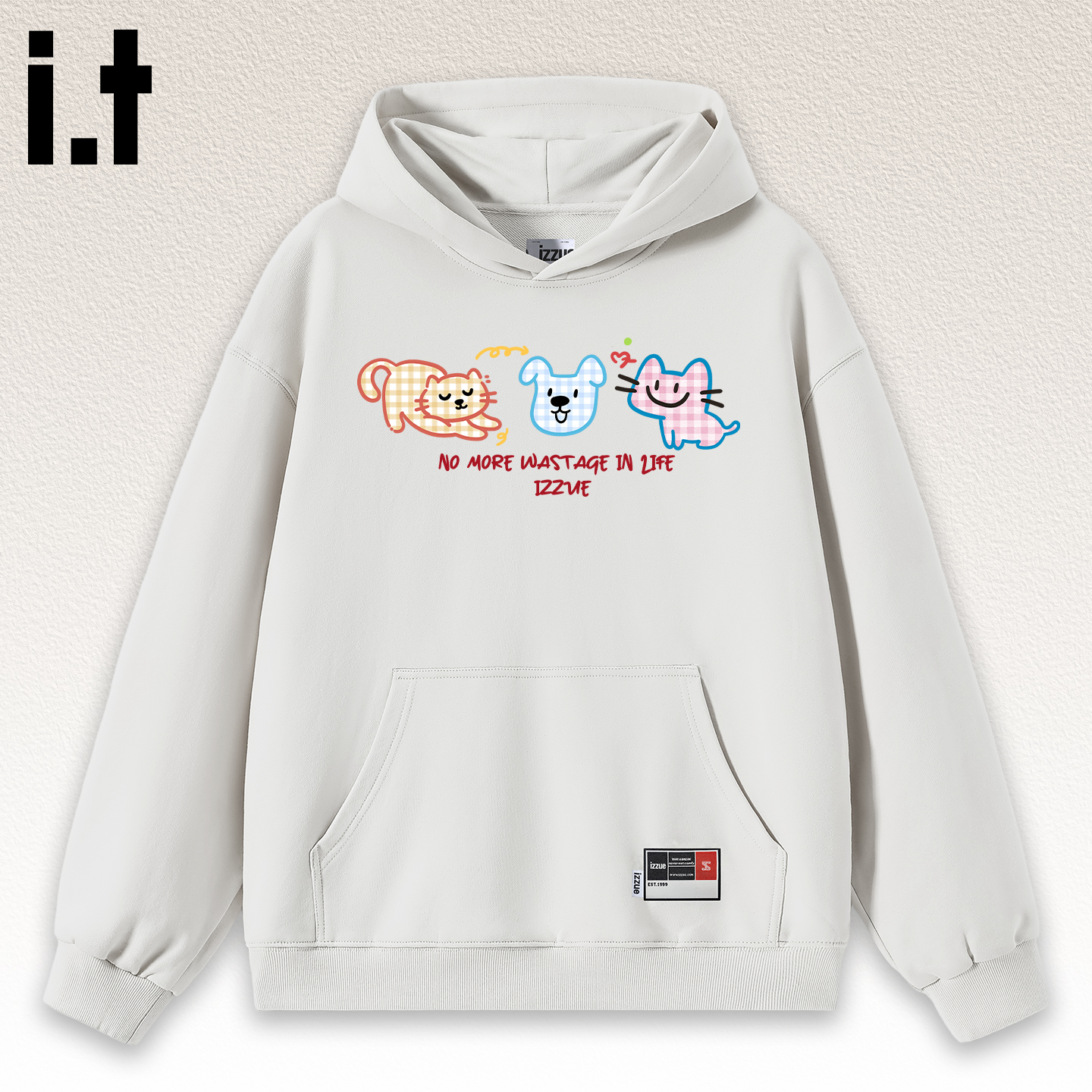 it izzue白色卫衣女连帽2025新款小猫咪印花上衣秋季男帽衫外套4P