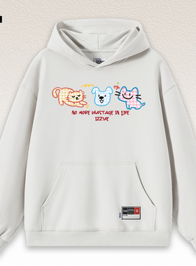 it izzue白色卫衣女连帽2025新款小猫咪印花上衣秋季男帽衫外套4P