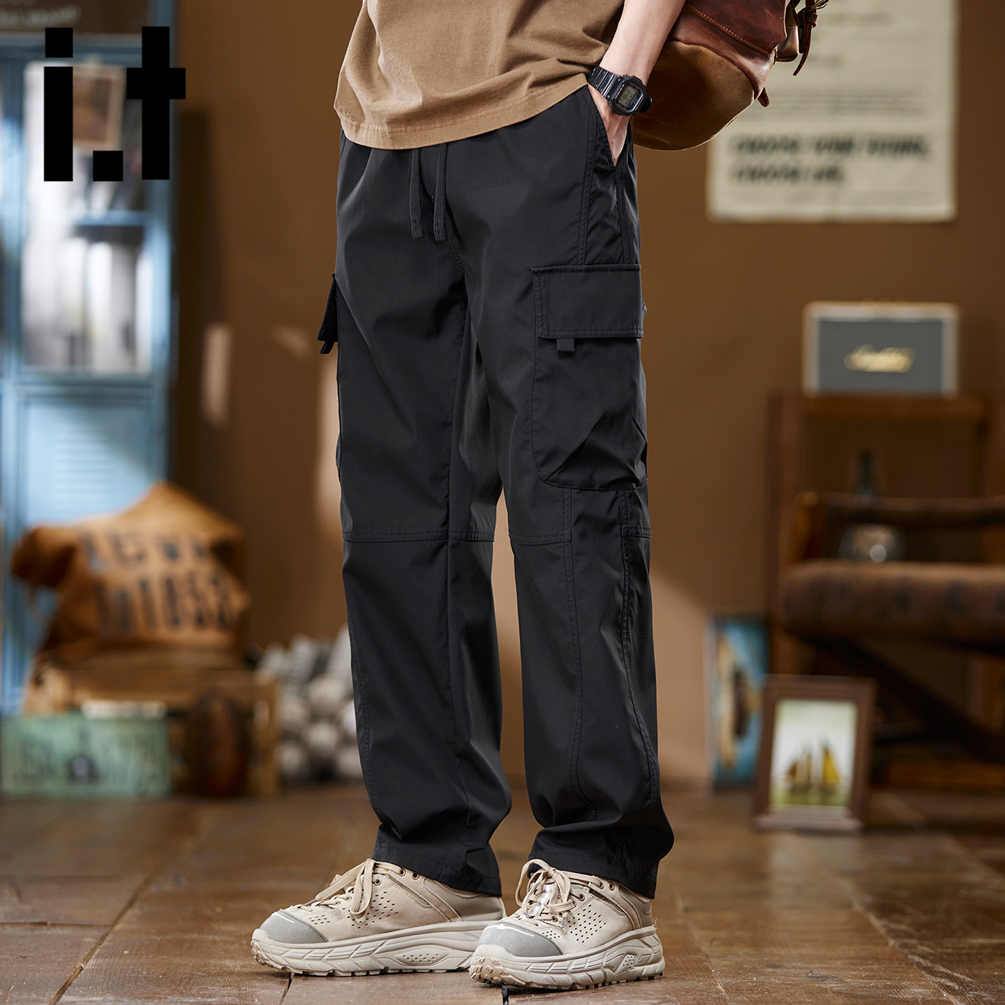 it izzue潮牌重磅多口袋工装裤男秋冬户外青春活力系绳直筒裤子Y