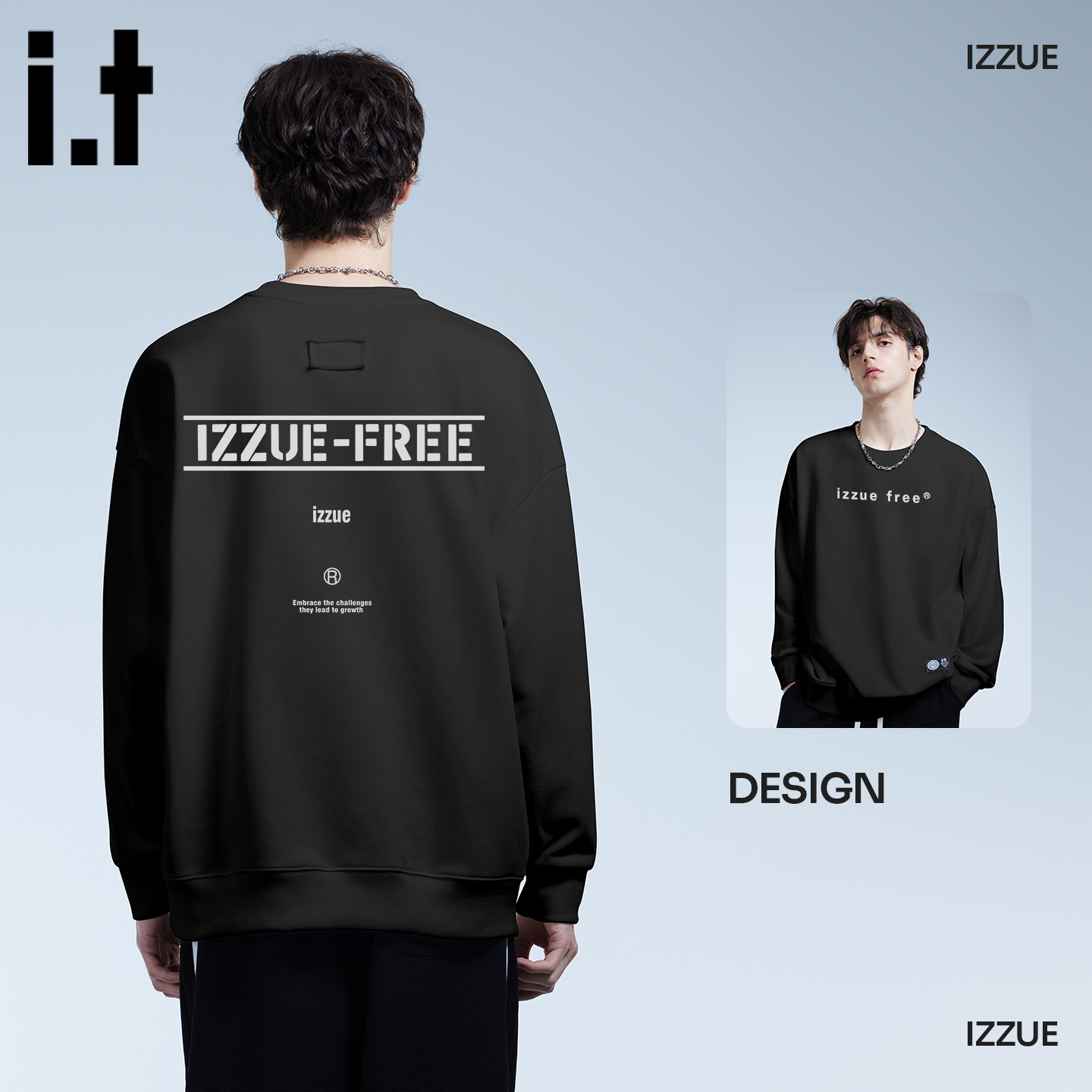 it izzue官方美式潮牌卫衣男早秋2025英文印花圆领纯棉长袖上衣A