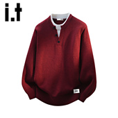 高级感亨利领针织衫 izzue本命年红色假两件毛衣男士 春秋美式