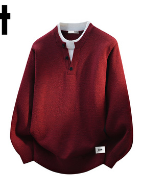 it izzue本命年红色假两件毛衣男士春秋美式高级感亨利领针织衫Y
